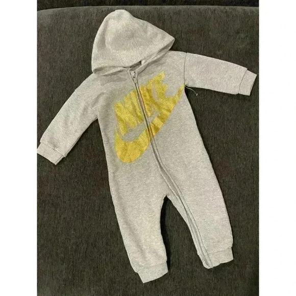 Nike Baby Coverall 12m French Terry Futura Hooded Gold Sparkle Jumpsuit Outfit - Picture 1 of 2